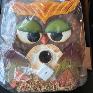 Nantucket owl shaped and painted Pressed metal birdhouse feeder